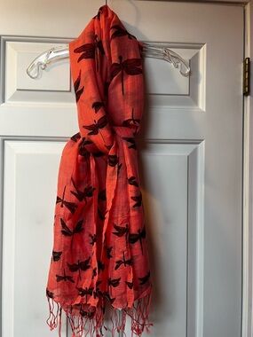 Talbots Coral Scarf with Black Dragonfly Print